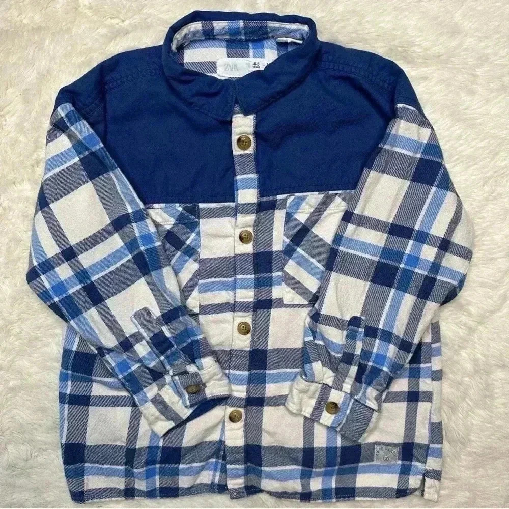 Zara Shirt Flannel Button-up Blue  & White Size 4-5 Years